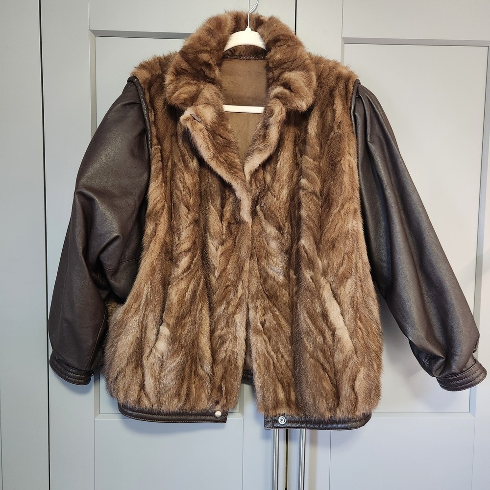 Vintage Dasco Genuine Mink Fur Leather Bomber Jacket Brown Medium Retro Boho